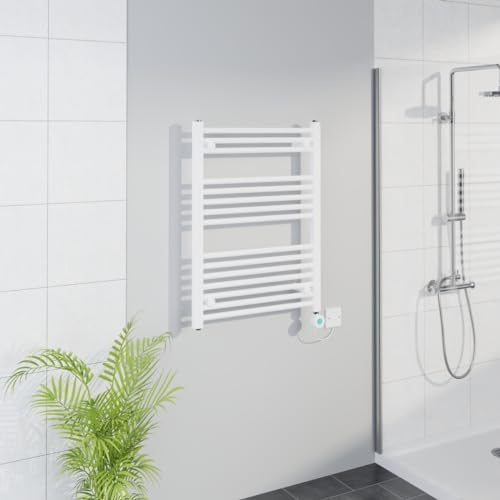 Warmehaus WiFi Electric Bathroom Straight Radiator Timer 800x600mm White | Thermostatic, Smart LCD Display, Child Lock, T Piece, Prefilled, Electric Heated Towel Rail Warmer, Energy Efficient