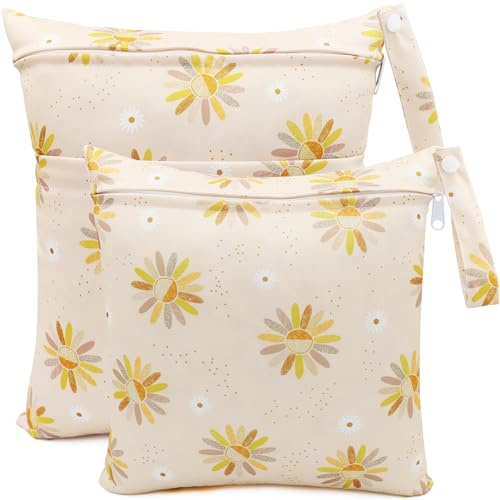 FenFang Wetbag Kindergarten, 2 Stück Nasstaschen Windeltasche Stoffwindeln Nassbeutel Organiser Beutel Wickeltasche Taschen Wasserdicht Wiederverwendbar (Gelbe Blume)