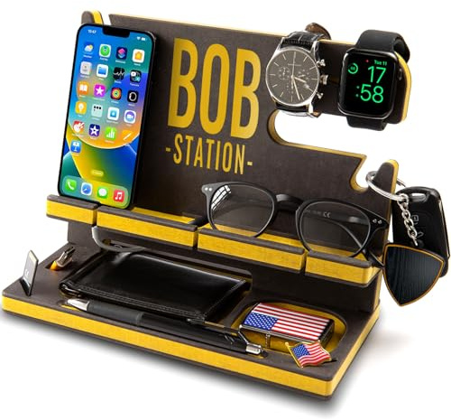 Greta Oto Docking Station Legno Personalizzato per Cellulare Supporto Telefono Organizer Scrivania Svuotatasche Regali Uomo Natale Originali per Papà e Marito Idee Regalo