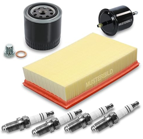 BESTPRICE Inspektionspaket Filterset mit 1x Ölfilter, 1x Luftfilter, 1x Kraftstofffilter, 4x Zündkerze Super plus HR8DC+, Kompatibel mit MERCEDES 124 (C124) (W124) (S124), 190er (W201)