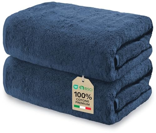 Ôhm Telo Doccia XXL Cotone 90x180 cm Blu Navy Set da 2 | Telo doccia XXL 90x180 cm 100% cotone 500 g/m², morbido, soffice, molto assorbente, Oeko-Tex
