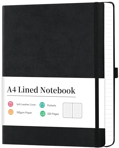 Artfan Anteckningsbok A4 – A4 linjerad anteckningsbok med 320 sidor premiumpapper, falskt läder klassisk skrift A4 anteckningsbok journal, 21,5 x 27,9 cm, inbunden, svart