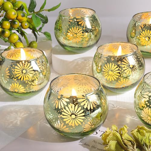 sunnyfuture Green Mercury Glass Votive Candle Holders Set of 12, Round Tealight Candle Holders Bulk for Table Centerpieces, Weddings, Shower Gifts, Christmas, Halloween Party Decorations
