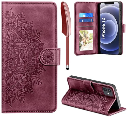Handyhülle für iPhone 12/12 Pro, Hülle für iPhone 12 Pro / iPhone 12 Lederhülle Flip PU Leder Tasche Case Kartenfach Magnet Ständer Klapphülle Schutzhülle für iPhone iPhone 12/12 Pro 6.1, Weinrot