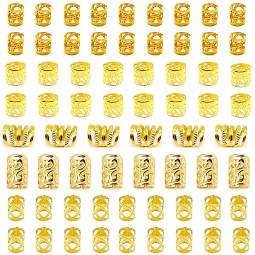 Gold Hair Jewelry Braid, Tuefuzy 100 Pcs Hair Accessory, Hair Dreadlock Accessory Braid, Metal Gold Braids Rings Cuffs Clips for Dreadlock Accessory Jewelry Decorations