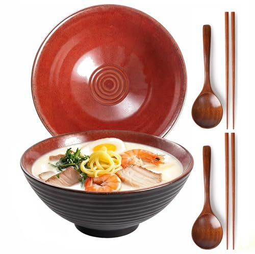 Zhonleemy Lot de 2 grands bols à ramen en céramique avec cuillères et baguettes 20,3 cm