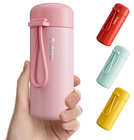 Exllena Small Flask 200ml Made of 304 Stainless Steel, Double Wall Vacuum Insulation for Hot&Cold Drinks, Mini Flask with Carry Handle - 100% Leakproof(Pink)