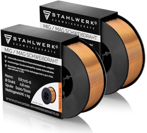 STAHLWERK MIG/MAG Stahl Schweißdraht Ø 0,8 mm ER70S-6 (SG2) – 2 Stück je 1 kg D100-Spule für 16 mm Dorn, universell einsetzbar, hochwertiger Schweißmassivdraht für alle Stahlarbeiten mit Schutzgas