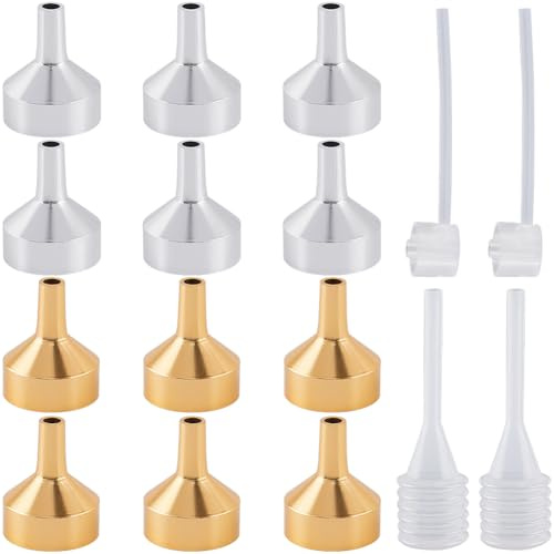 GORGECRAFT 12 mini Entonnoir en Aluminium Doré et Argenté Entonnoirs Métalliques pour Huiles Essentielles 2 distributeurs de Parfum Transparents Outil de Transfert pour Remplir de Petites Bouteilles