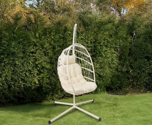 OHS Hanging Egg Chair Cream, Rattan Swing Chair Wicker Hammock with Stand Garden Swing Indoor Outdoor Patio Furniture Relaxing Comfy Foldable Egg Chair with Cushion Included