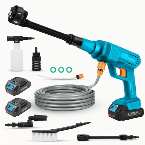 Akku Hochdruckreiniger mit 2x2.0Ah Akkus, 40bar Mobiler Hochdruckreiniger Pistole mit Verstellbar Winkeln 6-IN-1 Düse 5m Schlauch für Auto, Haus, Rasen, Garten