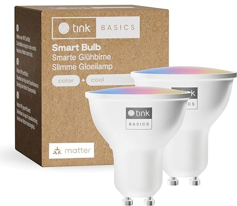 tink Basics Smarte LED Glühbirne GU10, 2er Pack, WLAN LED Lampe, RGBWW, Weiß & Farbe, Matter, dimmbar, 16 Millionen Farben, 400 lm, Sprachsteuerung mit Alexa, Google Assistant, Apple Home
