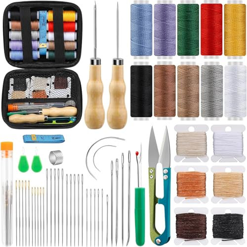 Kezidhp 57 Piezas Kit de Costura en Cuero, Kit de Reparación para Cuero, Incluye Agujas, Leznas, Hilo y Herramientas, Kit Multiusos para Costura y Reparaciones DIY