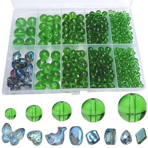 FAPUMOE 476pcs Green Round Crystal Glass Beads (4/6/8/10/12mm) with 8pcs Charming Pendants for Jewelry Making, Smooth Round Glass Spacer Loose Beads for Crafts Bracelets Necklaces Charms