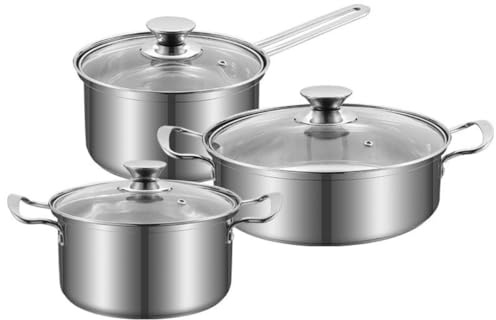 Redilux Stainless Steel Saucepan Set with Lids, 3-Piece Cookware Set with Tempered Glass Cover, Gas Compatible, Durable, Easy to Clean Kitchen Pots