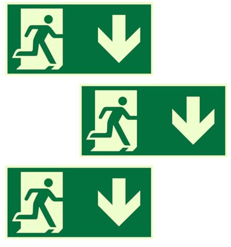 SGERUFZ 3 unidades Alta calidad, luminiscente, autoadhesivo, salida de emergencia homologada, placa de PVC, flecha hacia abajo, señales salida de emergencia, señal de rescate (30x15 cm)