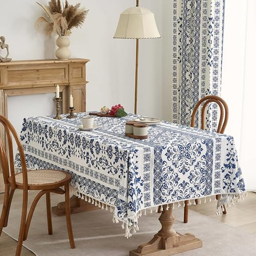 Grewod Tischdecke Wohnzimmertisch Modern, 150 x 240 cm, Blau, Rechteckig, Baumwolle Polyester Tischtuch Floral Muster mit Quasten Tischwäsche