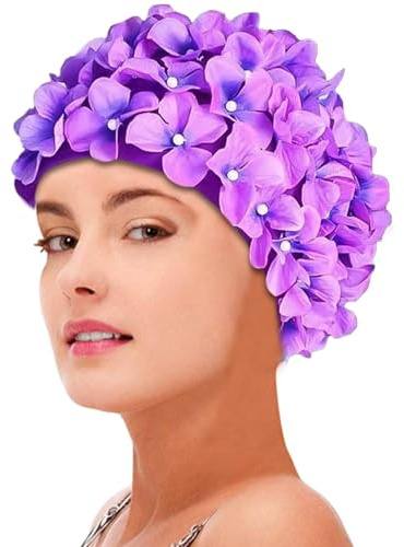 Badmössa med blommor, realistisk vintage blomblommor badmössa, fashionabel och bekväm elastisk badmössa för kvinnor med långt hår, vuxna, skydd för öron