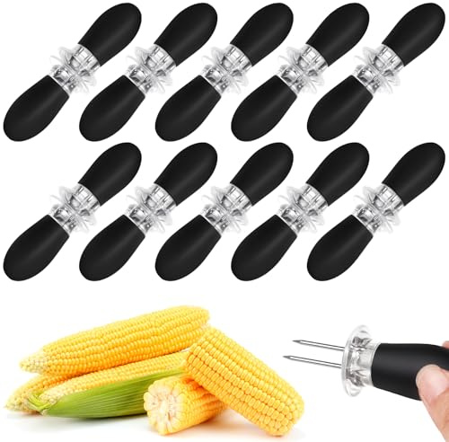 20Pcs/10 Pairs Black Corn Holders, Corn Cob Holders, Stainless Steel Corn on The Cob Holders with Silicone Handle, BBQ Fork Skewers for Camping Home Cooking Parties