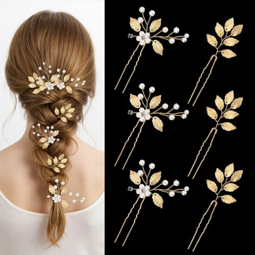 6 horquillas para el pelo de novia, hojas doradas, perlas de cristal, vintage, accesorios para el pelo, accesorios para el pelo para bodas, accesorios para el cabello para novias, damas de honor