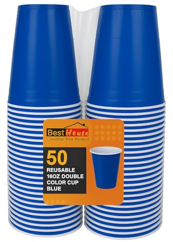 BH | Blue Plastic Cups | 16oz | 470 ml | 50-Pack | Party Cup, Drinking Cup for Party, Events, Everyday, Christmas, Games, Wedding and Picnics, Reusable & Recyclable Drinking Cups - by Best House