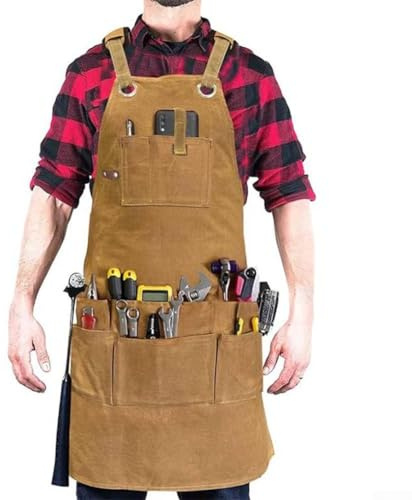 Tablier de travail pour charpentiers, soudeurs et électriciens – Tablier à outils en toile épaisse robuste avec plusieurs poches, imperméable et (camel)