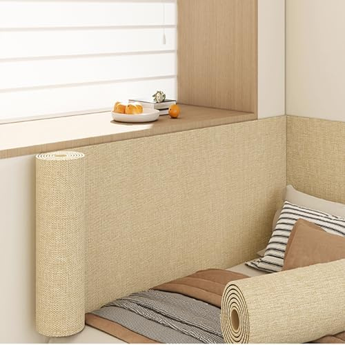 Koncey Papier Peint Autocollant 65 x 280 CM Lin de Tissu Texturé Revetement Mural Adhesif pour Le Salon Chambre à Coucher 4 MM Thermique Panneaux Muraux Rembourrés Anti-Collision(Beige)