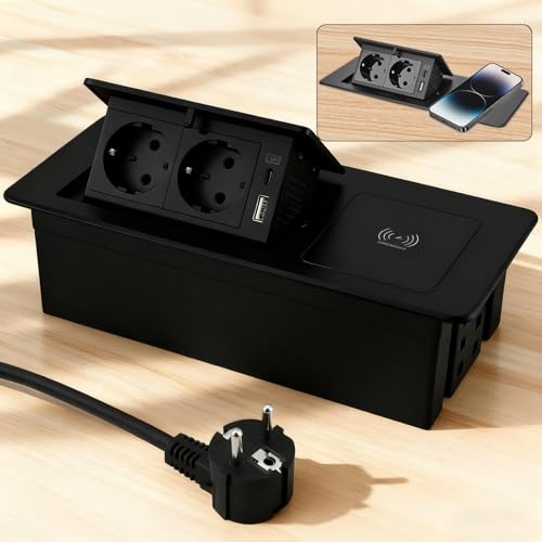 Presa di corrente retrattile con USB-C da 20 W e caricabatterie wireless da 15 W, doppia presa per scrivania e cucina