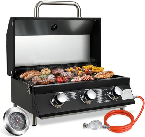 TLSUNNY 3 Brenner Gasgrill Klein, Kompakt Tischgasgrill mit Emaillierter Grillrost, Thermometer, Camping Gasgrill Tragbarer für BBQ, Balkon, Garten, 6.6kW, 60 x 33 cm Grillfläche, 4PCS Füße, Schwarz