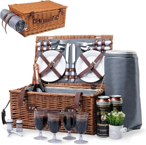 Cesta de Picnic de Mimbre para 4 Personas con Compartimento Aislado, Manta de Picnic Impermeable y Kit de Cubiertos, Canasta de Picnic para Camping, Excursiones
