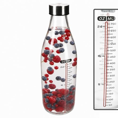 MamboCat Bouteille bio - 700 ml - Bouteille en verre avec couvercle - Gourde transparente avec graduation en oz et ml - Pour eau, jus, lait et thé glacé - À mesurer