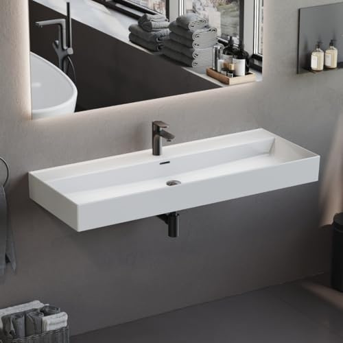 Aqua Bagno Keramik Waschbecken 120 cm breit - eckiger Waschtisch | mit Hahnloch, großes Waschbecken, dünner Rand, für Wandmontage oder Badmöbel, Weiß