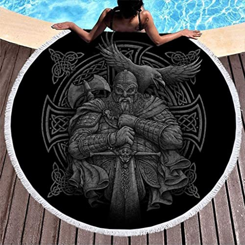 Cool Celtic Odin Warrior Sword Axe Raven Cross Knot Art Print Round Beach Towel with Tassels Viking Helmet Ghost Nordic Legend Beach Blanket Fringe Beach Throw 59 Inches