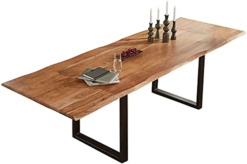 SAM Baumkantentisch 220 (320) x 100 cm Adina, Akazienholz naturfarben & massiv, Esszimmertisch mit 2 Ansteckplatten, Mattschwarzes U-Metallgestell, Platte 26mm