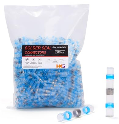 HKS 800 PCS Solder Seal Wire Connectors - Blue 16-14 AWG - Heat Shrink Solder Butt Connectors - Tinned - Automotive Marine Boat Crimp - Waterproof and Insulated