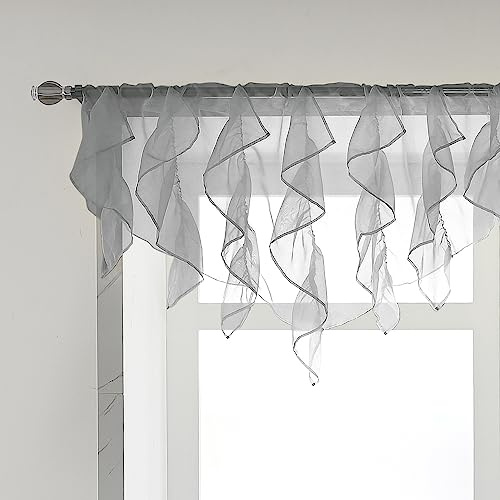 PearAge Ruffled Voile Semi Sheer Curtains, Kitchen Living Room Shabby Chic Ruffle Curtains, Girls Daughters Bedroom Cascade Window Valance 52x26 Inches (Grey-Triangle)