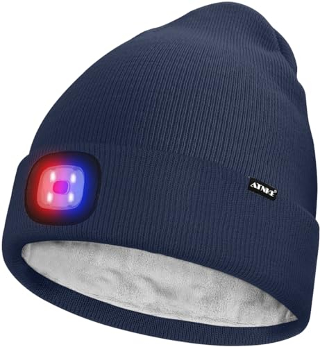 ATNKE Unisex LED Mütze mit Licht,Wiederaufladbare USB 4 LED Rot und Blau Leuchten Blinkender Laufmütze Lampe Warme Gefüttertes Fleece Stricken Mütze für Herren und Damen Geschenke/Light Navy Blue
