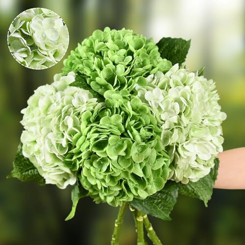 Flores artificiales de hortensias de tacto real, 2 flores de color verde claro y 2 verde oscuro, flores de hortensia sintética de 21 pulgadas, flores de hortensia falsas para exteriores, boda,