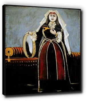 LXURY „Georgische Frau mit Tamburin“ von Niko Pirosmani Berühmte Wandkunst Druck auf Leinwand fertig zum Aufhängen (Primitivism) Bild Wohnzimmer-Heimdekoration 40 x 50 cm schwarz gerahmt