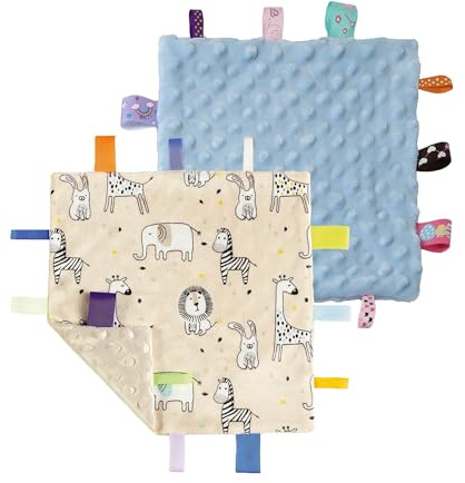 CREVENT Tag Security Blankets for Babies, Soft Small Loveys for Boys, Baby Comforter Sensory Blanket, Great Gifts for Birthday Baby Shower (24X24cm Zoo + Blue)