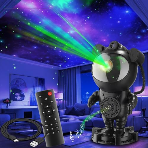 TecTake® Proyector Estrellas Astronauta con Luz Ambiente Habitacion, Nebulosa y Proyector Galaxia Techo, Lampara Estrellas con Altavoz Bluetooth, LED, Control Remoto - Negro