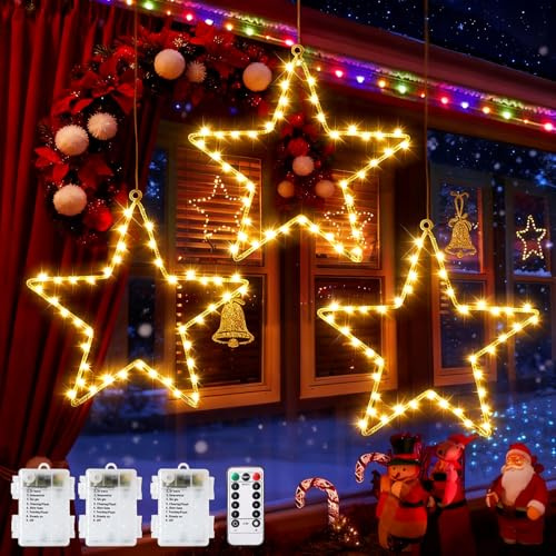ZQEJEFD 3 luci a LED a forma di stella, per finestre, 45 LED, luci a stella di Natale, a batteria, con 8 modalità e timer, per Natale, per interni ed esterni