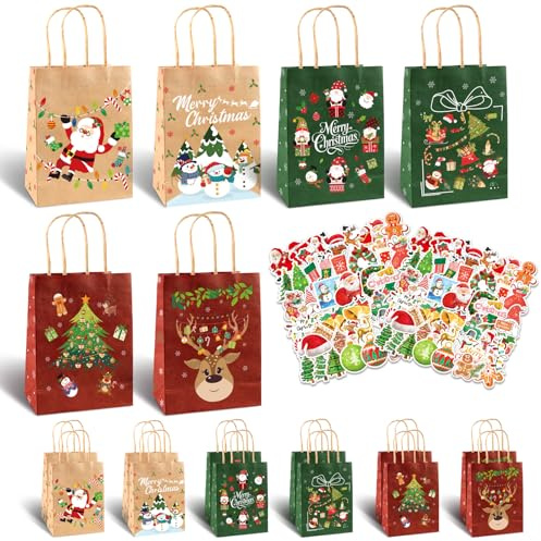 TUZELIYA 12 Stück Geschenktüten Weihnachten – Personalisierte Weihnachtstüten mit 50 Aufklebern – Papiertüten für Geburtstagsgeschenk, Partys, Weihnachtsfeiern & Märkte