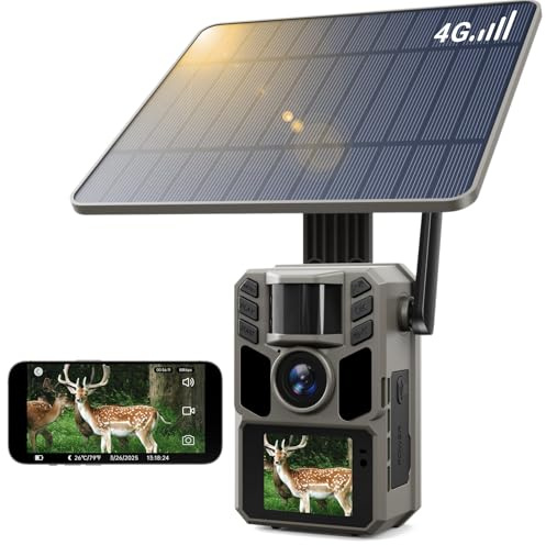 Wildkamera mit Mobilfunk und Solarbetrieb, integrierter SIM-Karte, 4G LTE, Nachtsicht, 7500-mAh-Akku, 48-MP-Foto, 4K-Video, 64-GB-Speicherkarte – ideal für die Jagd und Wildtierbeobachtung im Freien.