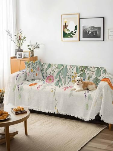 Eucalyptus Leaves Floral Sofa Cover Blanket Couch Covers for Armchair Cushion,Couch Sofa Silpcover with Tassel,Spring Rustic Botanical Flowers Living Room Throw Towel Blanket Covers XX-L 71x150