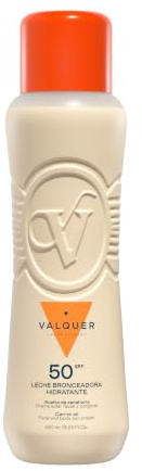 VALQUER Leche Bronceadora Hidratante de Zanahoria SPF 50 | Crema Protectora Solar Facial y Corporal contra Rayos UV | Antioxidante y Regeneradora con Vitamina E | Bronceado Natural | 480 ml