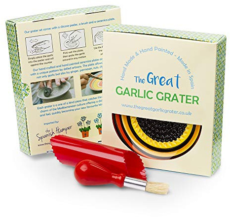 Garlic Grater Plate Set with Brush and Peeler, (#Ref 18). Black Plate with Red, Orange and Yellow Circles. Handmade and Hand Painted in Cordoba, Spain,