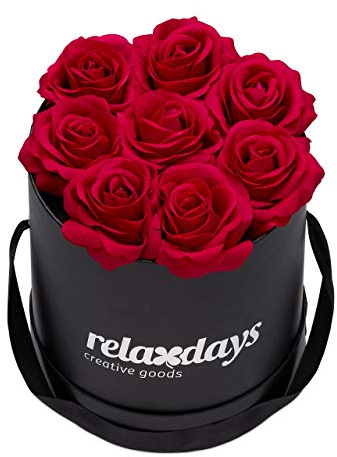 Relaxdays Rosenbox rund, 8 Rosen, stabile Flowerbox schwarz, lange haltbar, Geschenkidee, dekorative Blumenbox, rot, 17 x 17 x 17 cm