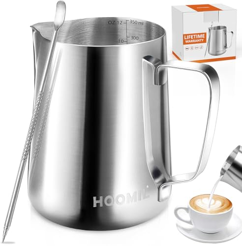HOOMIL Milk Frothing Pitcher, 12oz/20oz/32oz Stainless Steel Steaming Pitcher Barista Milk Frother Cup Jug for Espresso Machine Coffee Cappuccino Latte Art - 12oz