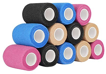 PHYTOP 12 Rollen Selbstklebender Verband Fixierbinde Selbsthaftend 7.5 cm x 4.5 m – Sortierte Farben (Blau, Beige, Schwarz, Pink)